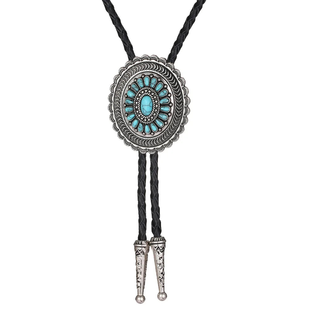 Carved Turquoise Bolo Tie With Genuine Leather Cord