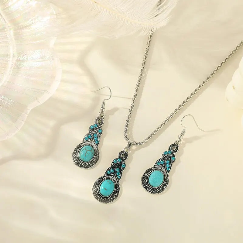 3pcs Inlaid Turquoise Necklace and Earrings Set