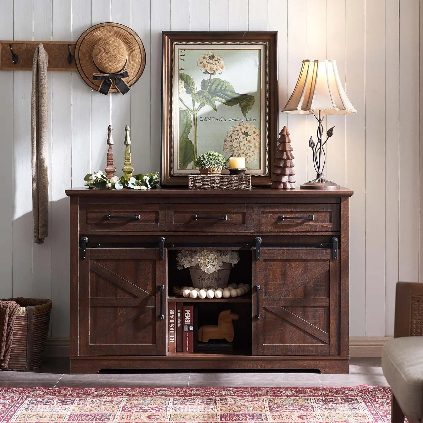 Farmhouse Buffet Cabinet, 53” Sideboard Cabinet w/3 Drawers