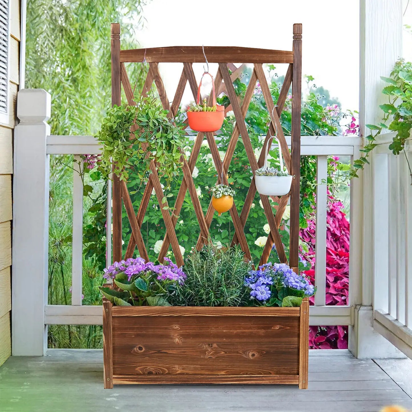 Wooden Raised Garden Bed with Climbing Trellis