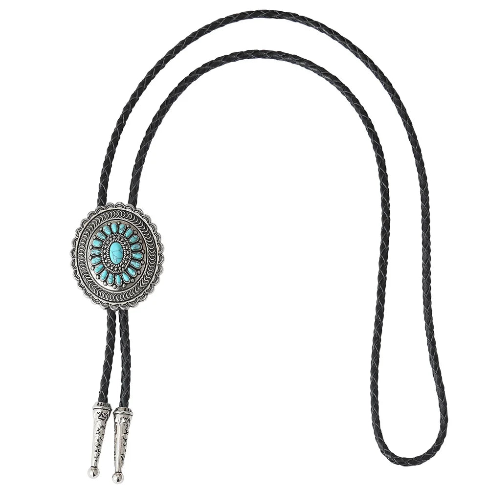 Carved Turquoise Bolo Tie With Genuine Leather Cord