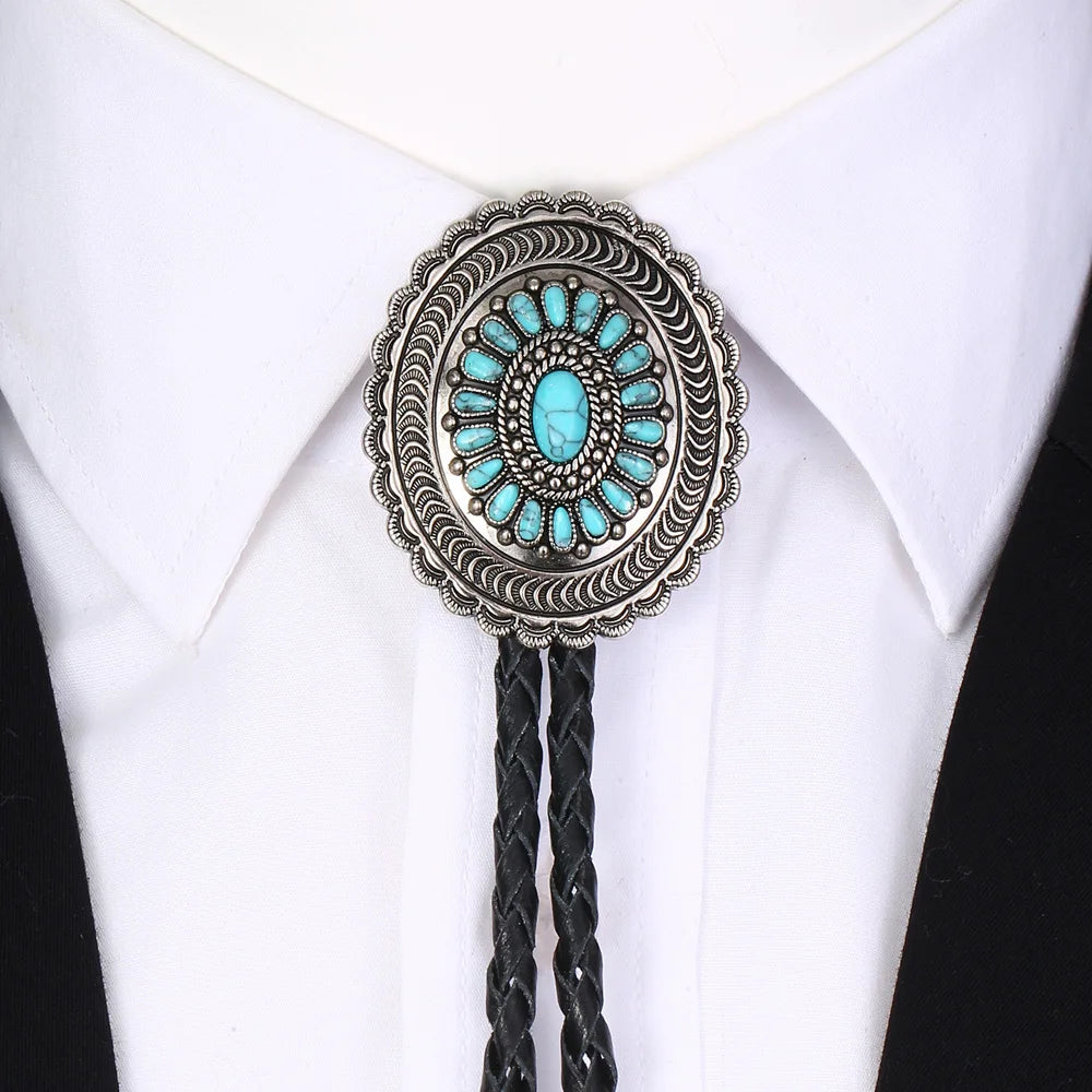 Carved Turquoise Bolo Tie With Genuine Leather Cord